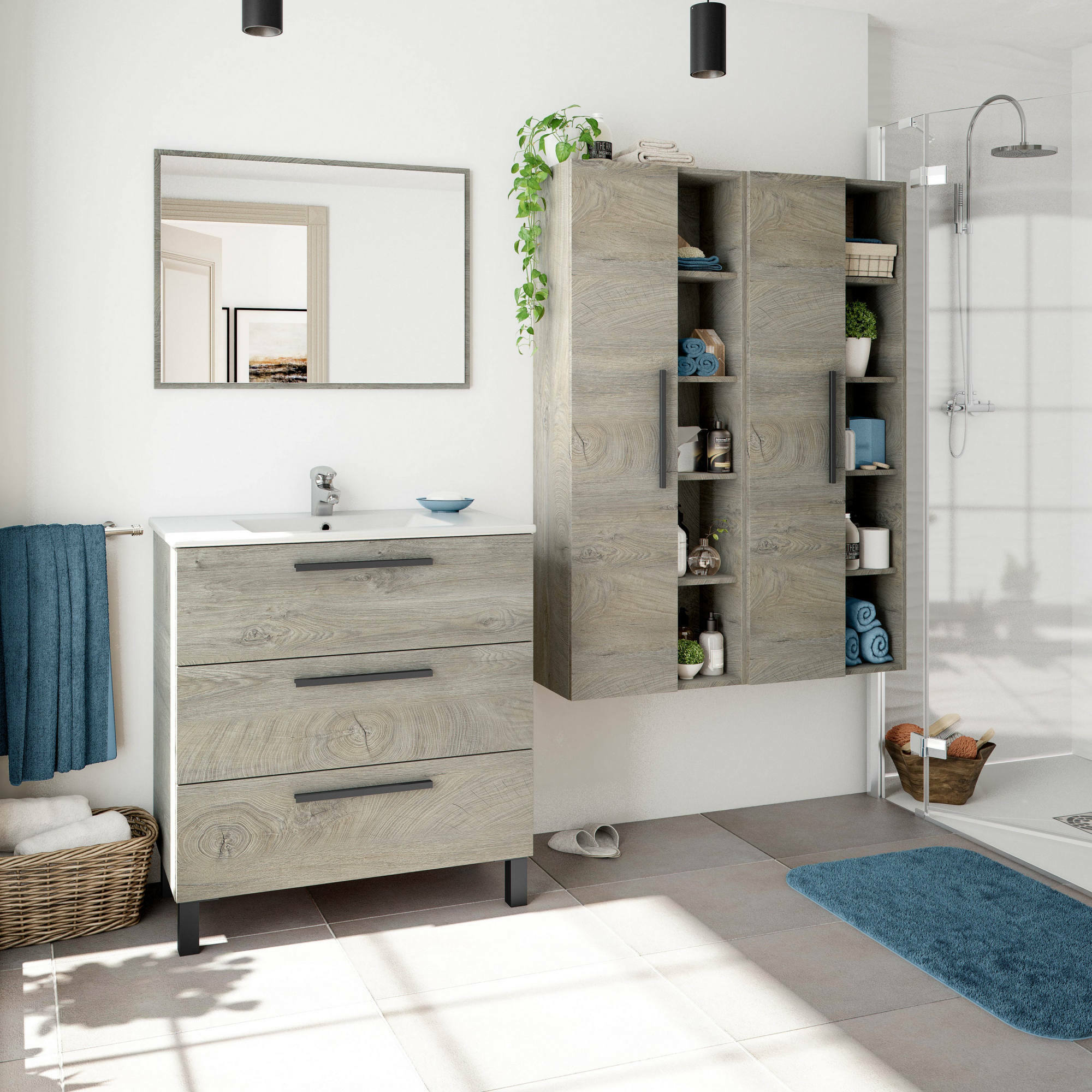 Mobile colonna Achisa, Mobile per bagno a 1 anta, Armadio pensile sospeso con 5 ripiani, 51x25h135 cm, Rovere
