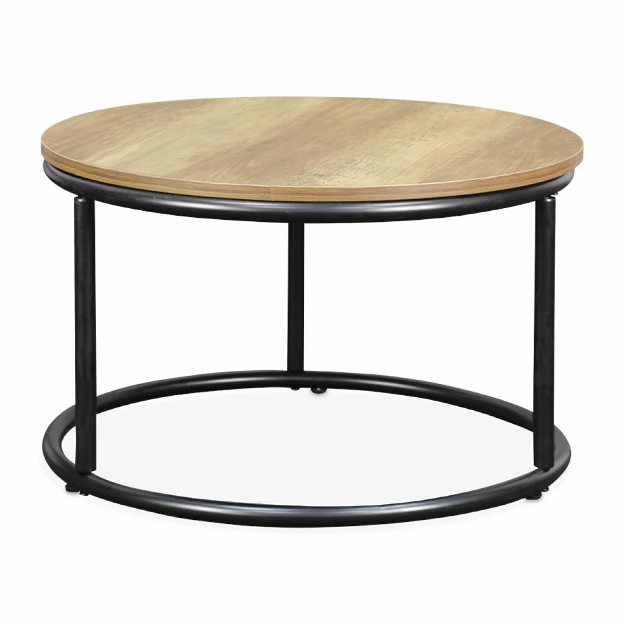 Lot de 2 tables gigognes rondes métal noir. décor bois - Loft - encastrables. 1x Ø77 x H 40cm / x1 Ø57 x H 35cm