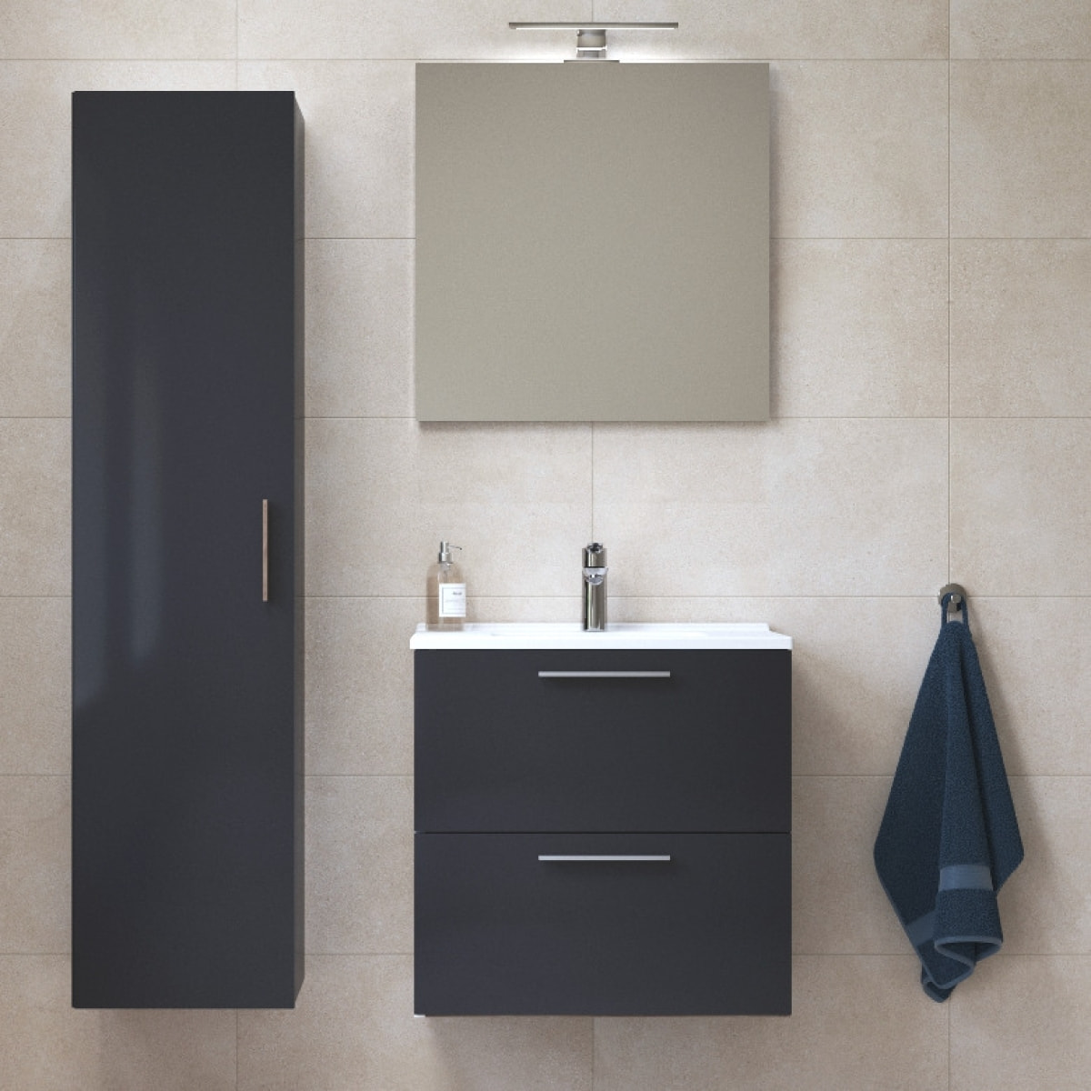 Set Mia ensemble meuble 59x61x39,5cm avec miroir, lavabo, éclairage LED + armoire 145x35x35cm, Anthracite brillant