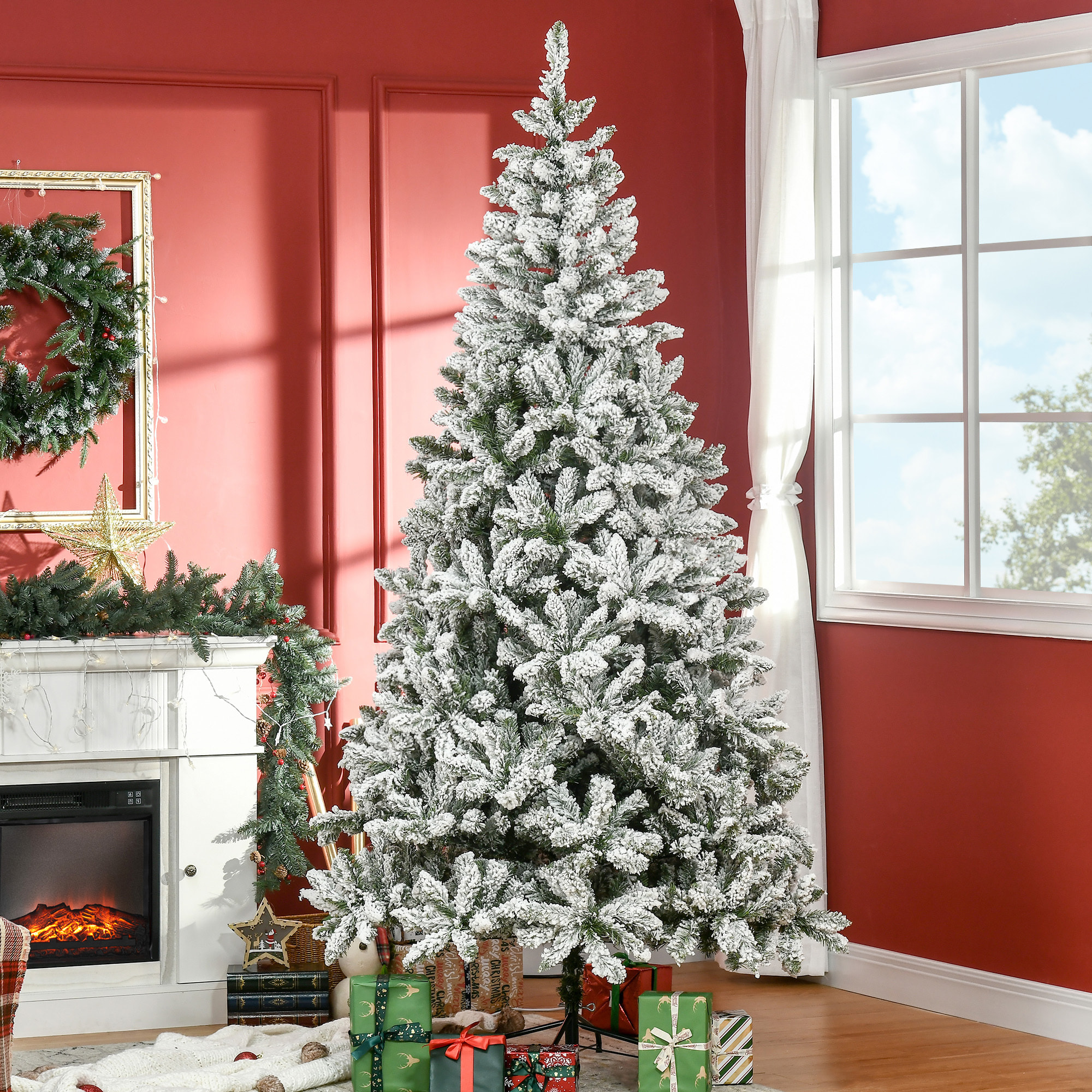 Árbol de Navidad Artificial 225cm con Nieve Ignífugo con 1300 Ramas Hojas de PVC