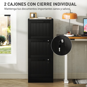 Cajonera Escritorio con 3 Cajones, Cajonera de Oficina, Mueble Archivador, con 2 Cerraduras, Riel Colgante para A4 y Carta, 40x40x101 cm, Negro
