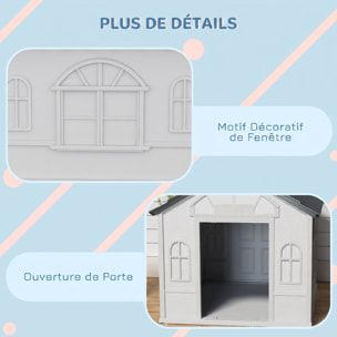 Niche chien style cottage - motifs fenêtres, porte, aération - PP blanc gris