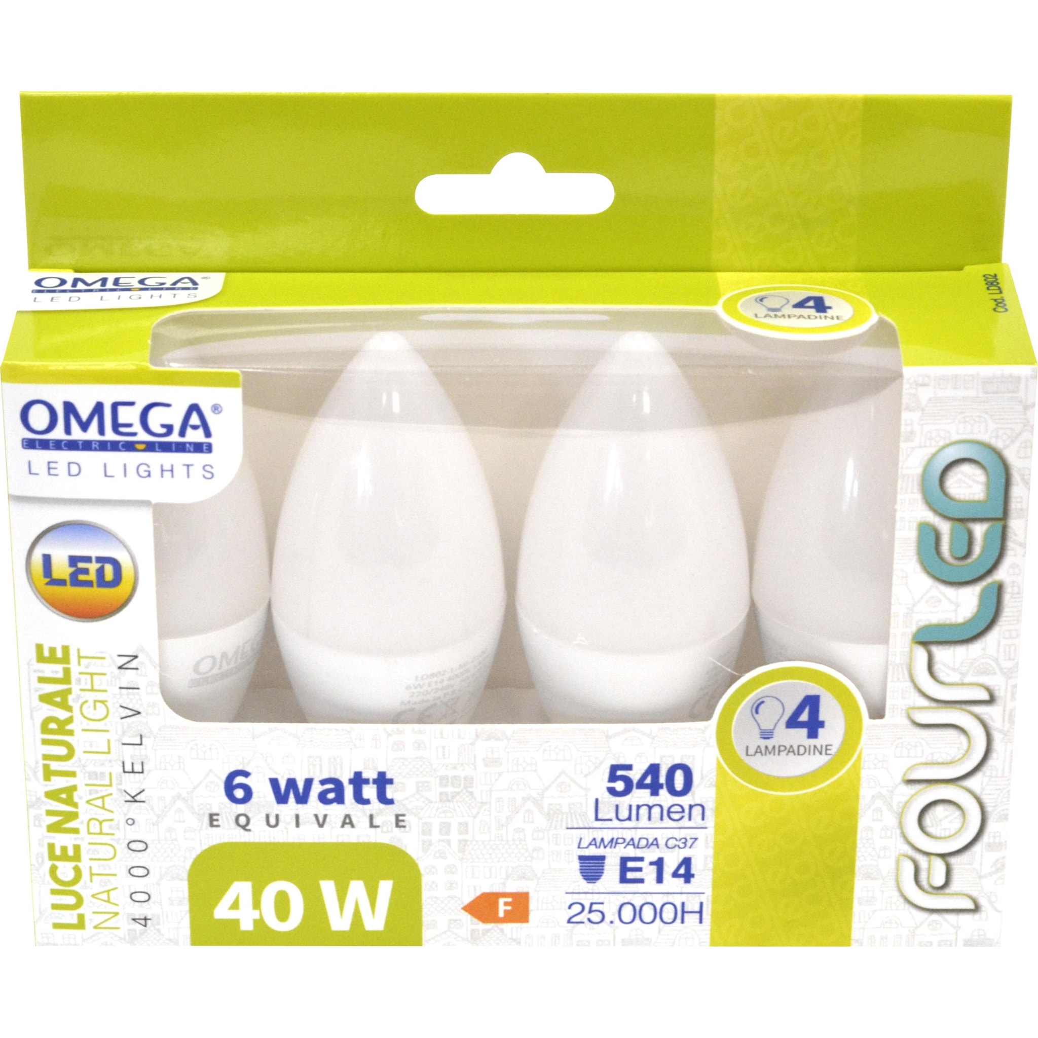 OMEGA Set 4 Pezzi Candela C37 6W LED