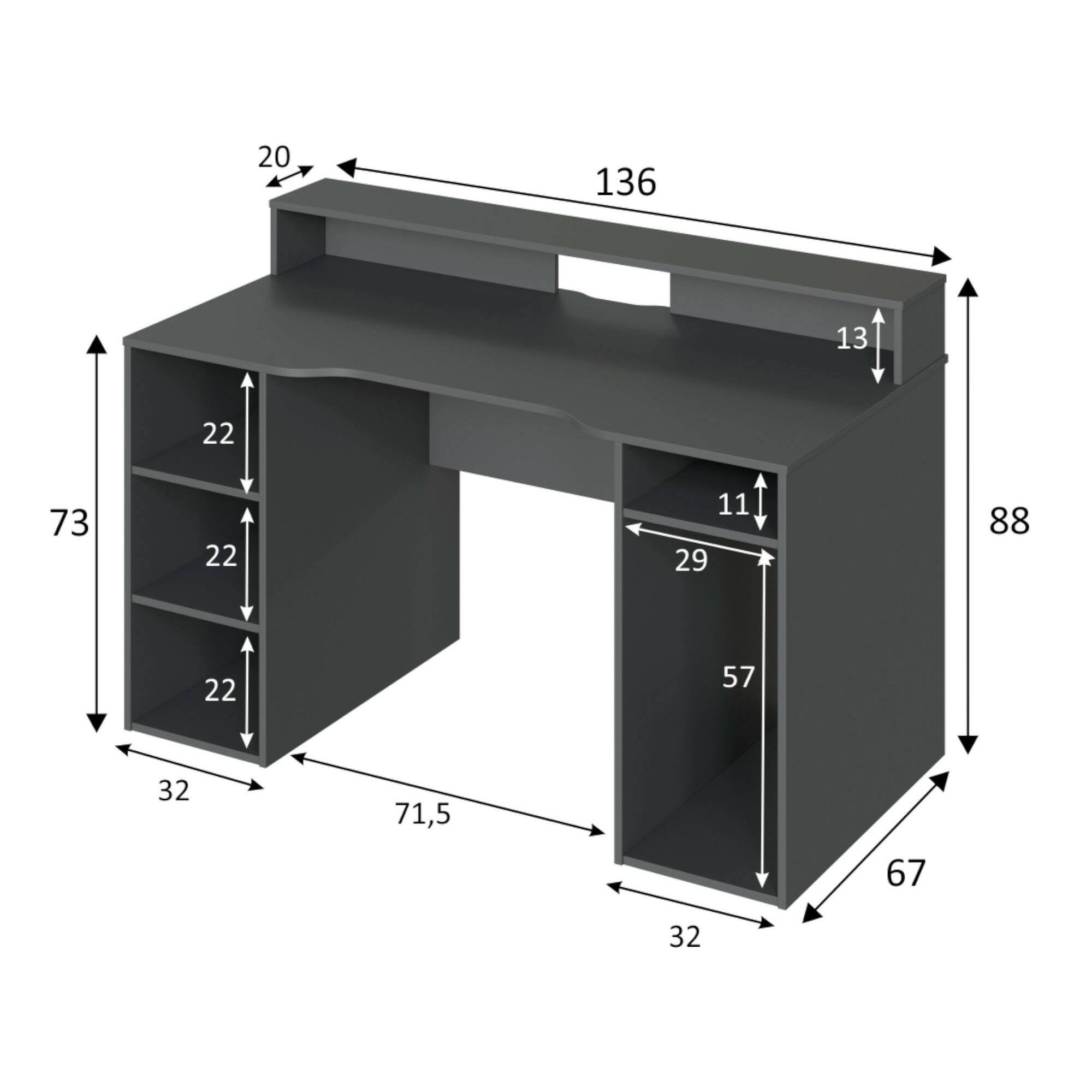 Scrivania Phoenix, Scrittoio multifunzione moderno da Gaming, Tavolo da studio porta PC e porta CD, Tavolo da studio con ripiani, cm 136x67h88, Antracite