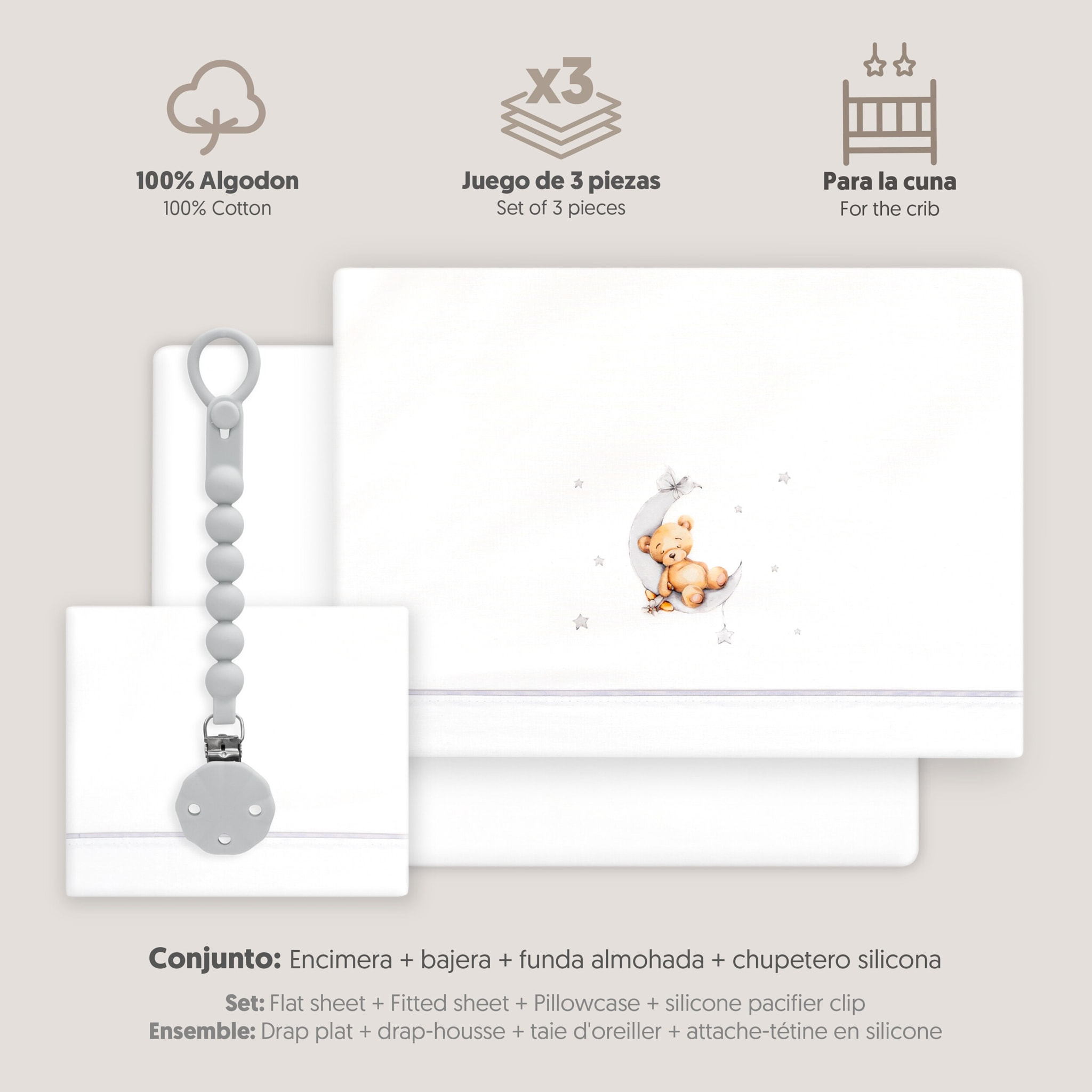 Triptico Cuna Estampado Oso Luna Estrellas + Broche Bco/Gris