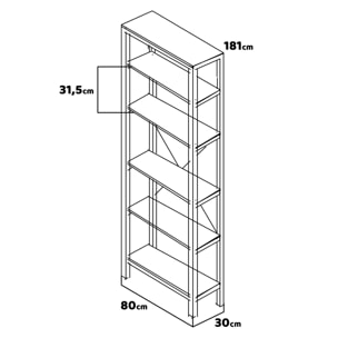 Ganbaru - Libreria scaffale a 6 ripiani in stile industriale, 80x30xH180 cm