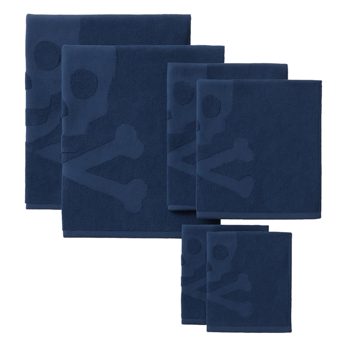 Set 6 de toallas de baño calavera (2x tocador 30x50cm + 2x manos 50x90cm + 2x baño 70x140cm) 100%algodón azul scalpers home