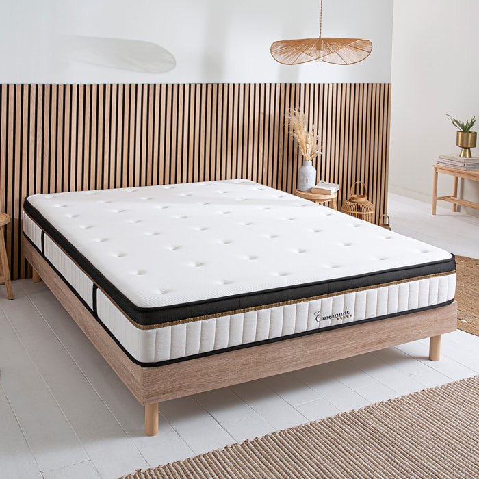Ensemble Matelas Émeraude & Sommier Kit Bois, Mémoire de Forme & Air System, 25 cm, Accueil Moelleux, Soutien Ferme, Lattes Actives