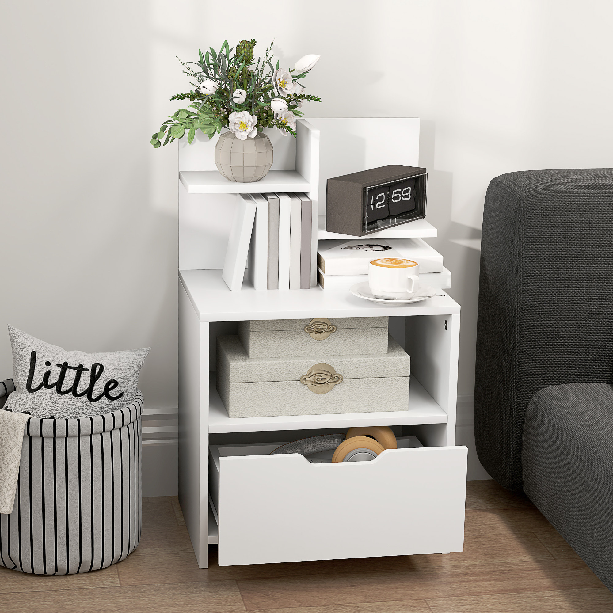 Chevet table de nuit multi-rangement tiroir niche plateau 2 étagères aspect bois blanc