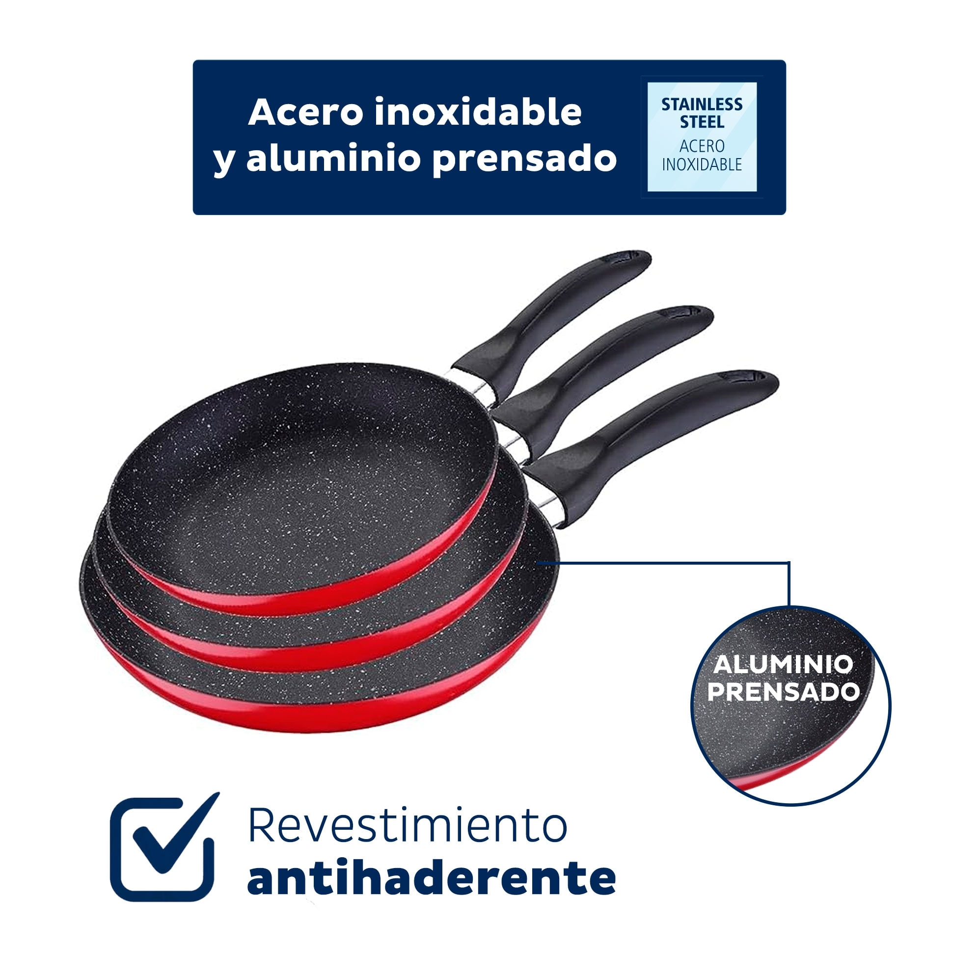 Set 8 pzs (batería de cocina onil 5 pzs + set 3 sartenes navy red & marble 16+20+24cm)