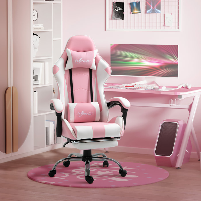 Silla Gaming Reclinable Silla Gamer Giratoria con Reposacabezas Reposapiés Cojín Lumbar Altura Ajustable para Oficina Estudio 64x67x119-127 cm Rosa