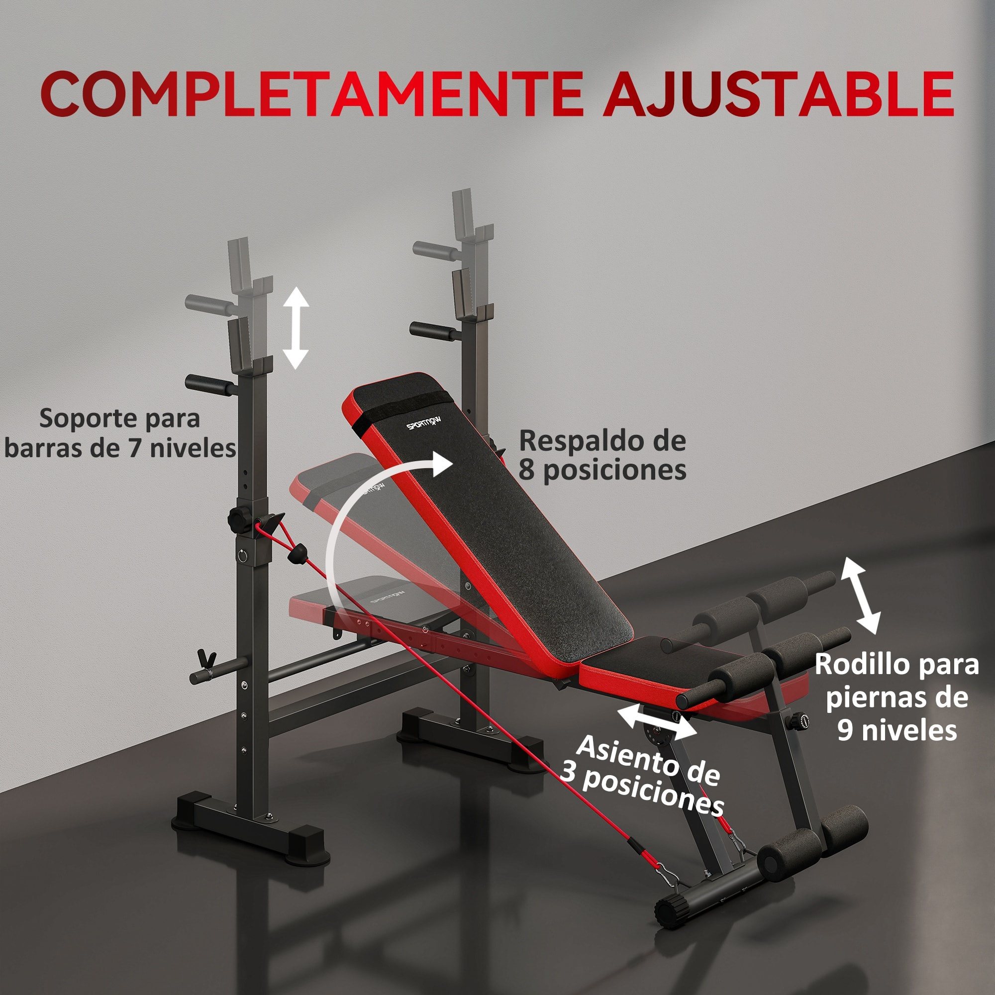 Banco de Musculación Multifuncional, Carga 300 kg, Banco de Pesas Inclinable con Soporte para Barras Ajustable, Asiento y Respaldo Regulable, para Entrenamiento Completo en Casa Gimnasio