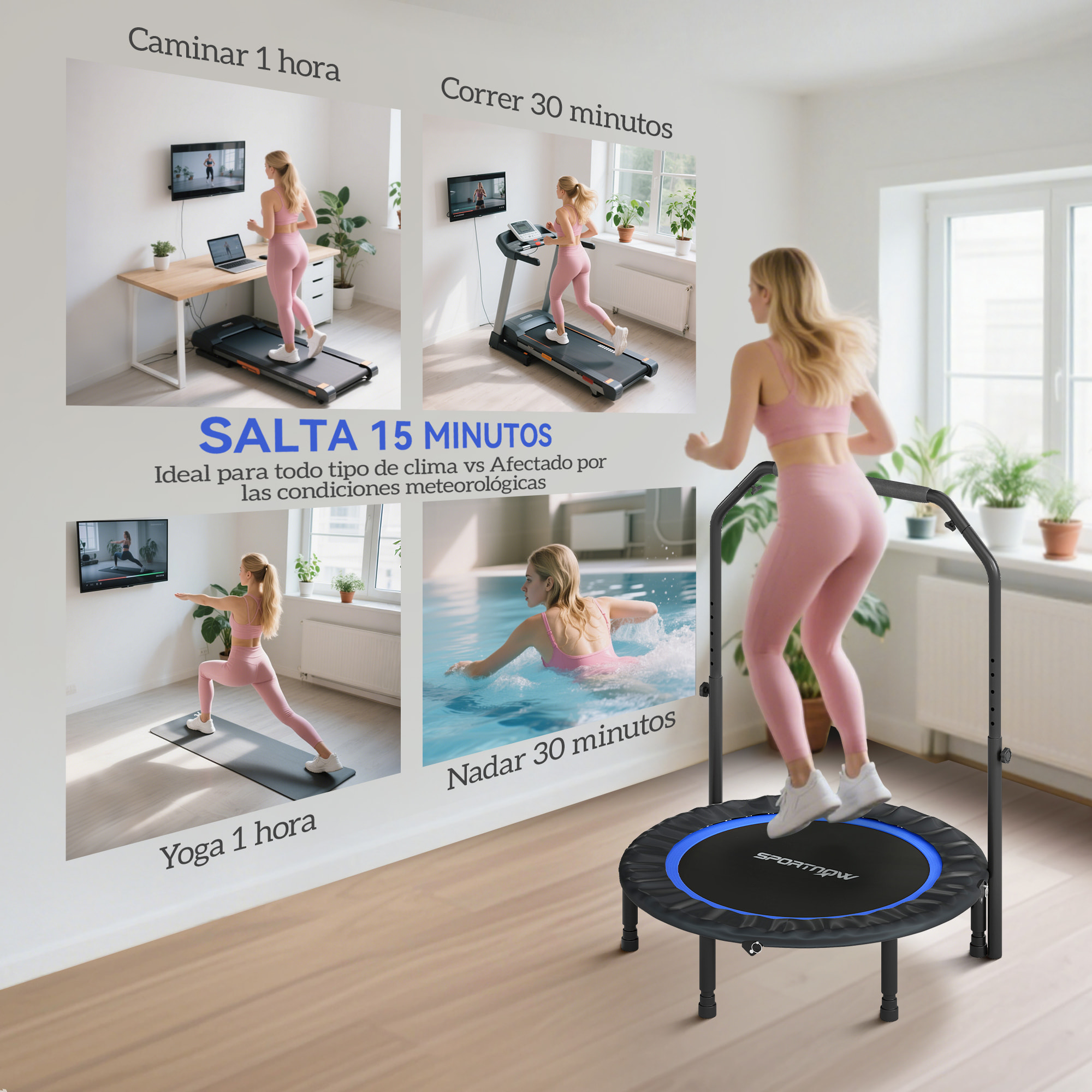 Trampolín de Fitness Adultos Ø102 cm, Cama Elástica Plegable con Mango Ajustable de 4 Niveles y Bandas, para Entrenamiento Piernas Cuerpo en Hogar Oficina Gimnasio Exterior, Carga 150 kg Azul