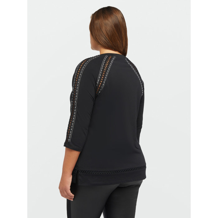 Fiorella Rubino - T-shirt con borchie e bordi a rete - Nero