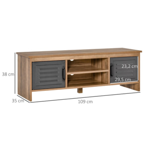 Mueble de TV para Televisores de 42'' con 2 Compartimentos Cerrados con Puertas de Metal y 2 Estantes Abiertos Mueble de salón moderno Mesa para televisor 109x35x38 cm Madera Natural y Gris