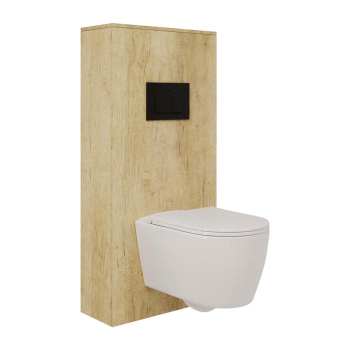 Pack Wc Suspendu + Châssis + Boîtier de Support Nature | Toilette Blanc Brillant | Bouton Noir | Réservoir Encastré | Couvercle Amorti | Alday