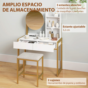 Tocador de Maquillaje con Espejo y Taburete Acolchado, Tocador con Estación de Carga, 2 Cajones, 3 Estantes Abiertos, Puerto USB, Estructura Metálica, para Dormitorio, Blanco