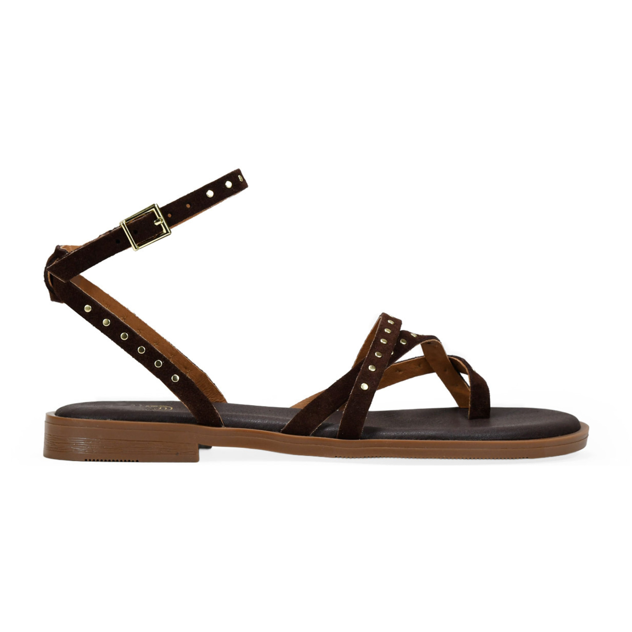 Sandalias planas marrones en piel con tachas