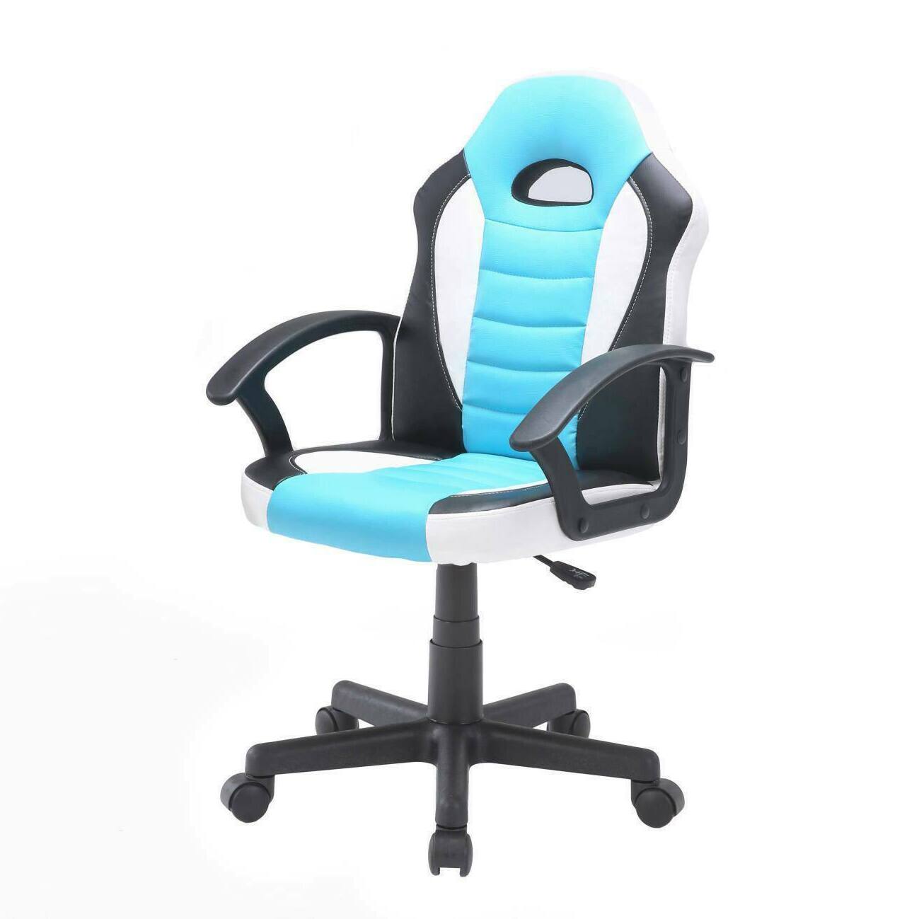 Sedia da gaming Hervey, Poltrona da gaming ragazzo, Sedia da scrivania, 56x55h89/100 cm, Azzurro e Bianco