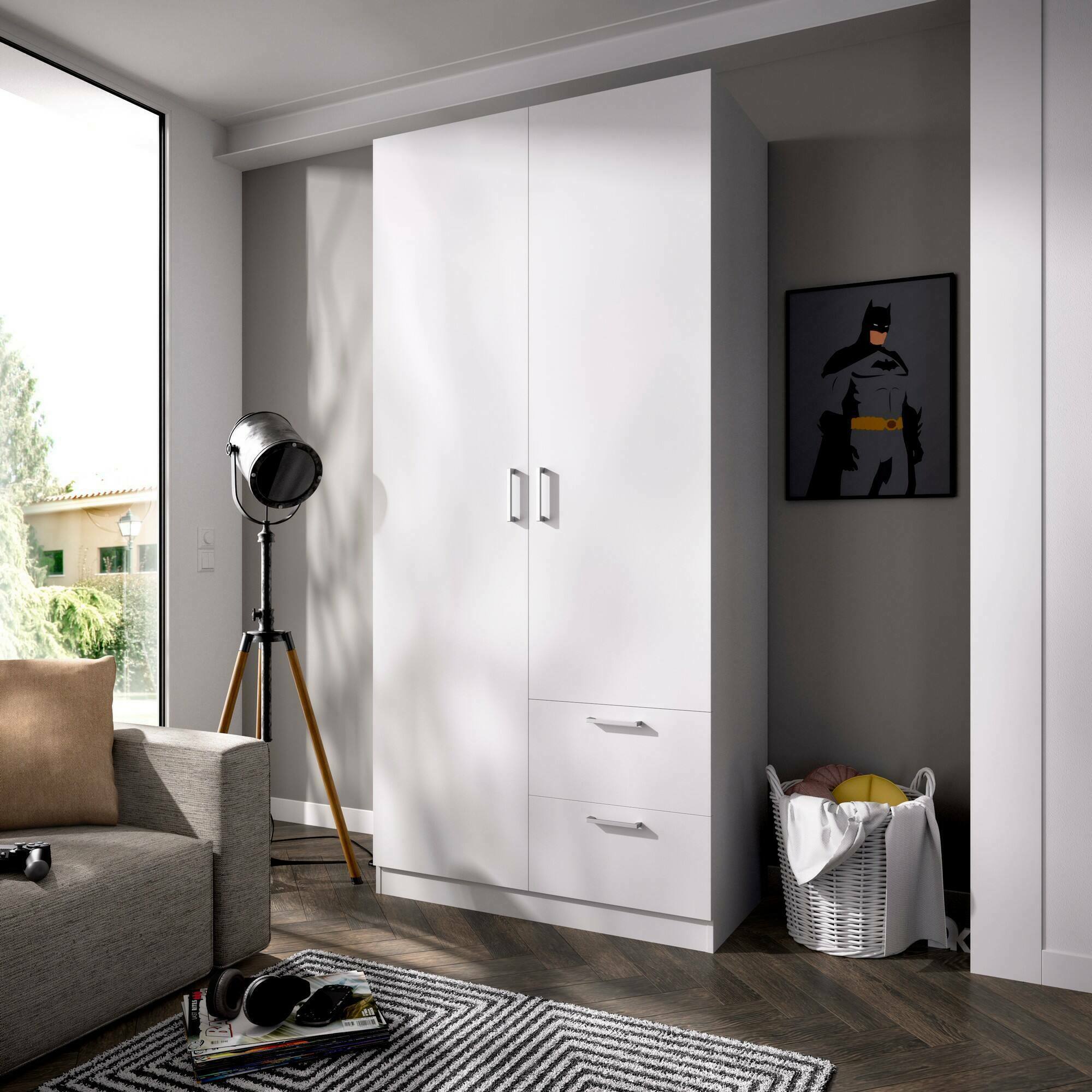 Guardaroba 2 ante Amp, Mobile appendiabiti per camera da letto, Armadio 2 cassetti, 100x52h215 cm, Bianco