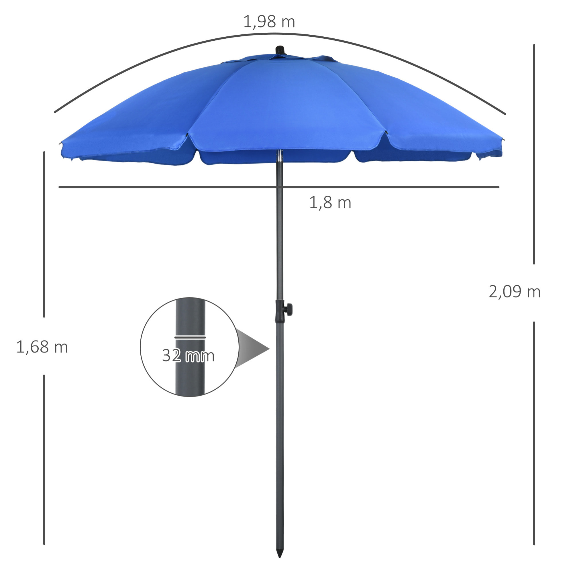 Sombrilla de Playa Grande Ø180 cm Sombrilla de Terraza Exterior con Ángulo Ajustable Protección UV50+ Impermeable Mástil de Ø32 mm Azul