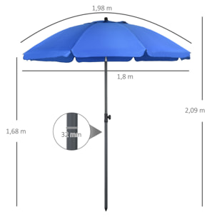 Sombrilla de Playa Grande Ø180 cm Sombrilla de Terraza Exterior con Ángulo Ajustable Protección UV50+ Impermeable Mástil de Ø32 mm Azul