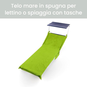 INTRECCI Telo Mare in Spugna, Asciugamano da Spiaggia Grande, 75x190 cm, Telo Mare Lettino con Tasche Portaoggetti e Bottoni, 100% Cotone, Morbido, Assorbente, Asciuga Rapidamente, Colore: Verde