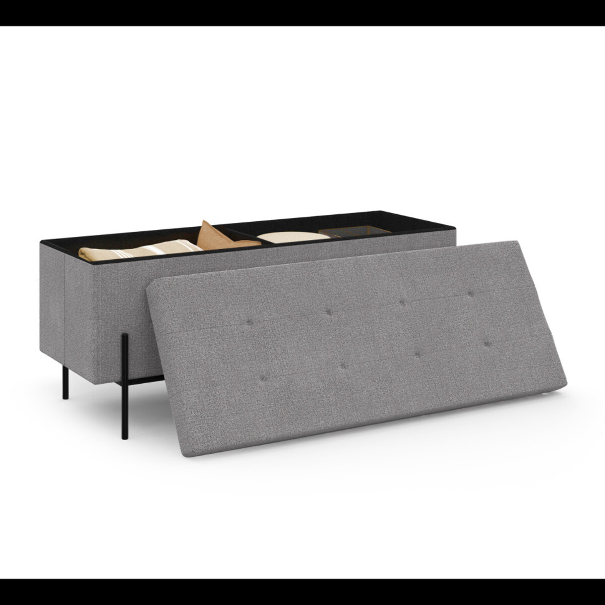 Banc coffre avec pieds noirs Loan en tissu gris 100cm