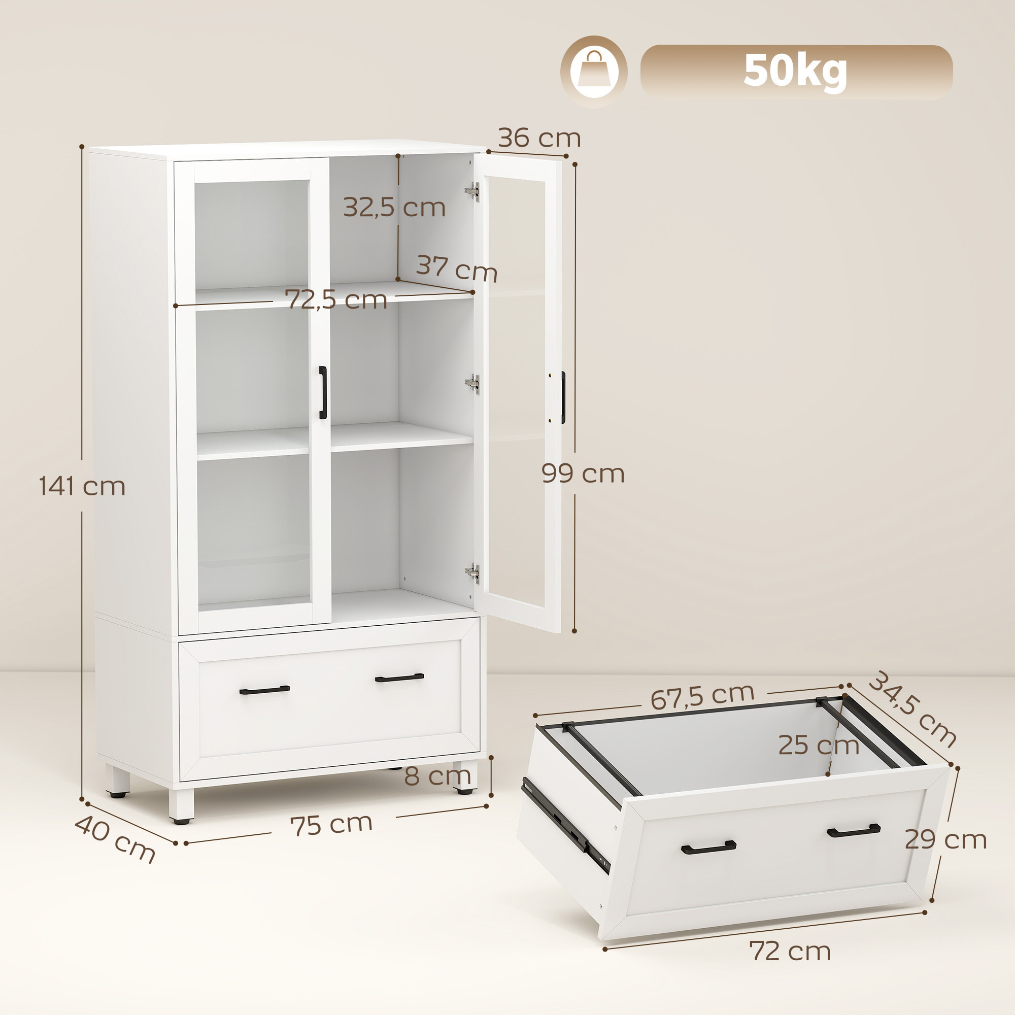 Archivador Vertical con Puertas de Cristal y Cajón, Armario de Oficina con 3 Estantes y Barras Ajustables para Archivos Tamaño A4, Carta y Legal, para Estudio, Salón, 75x40x141 cm, Blanco