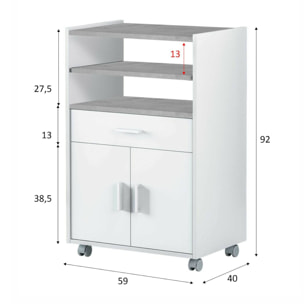 Carrello Scottsdale, Mobile ausiliare per cucina con ruote, Armadio multiuso con 2 ante e 1 ripiano, cm 59x40h92, Bianco