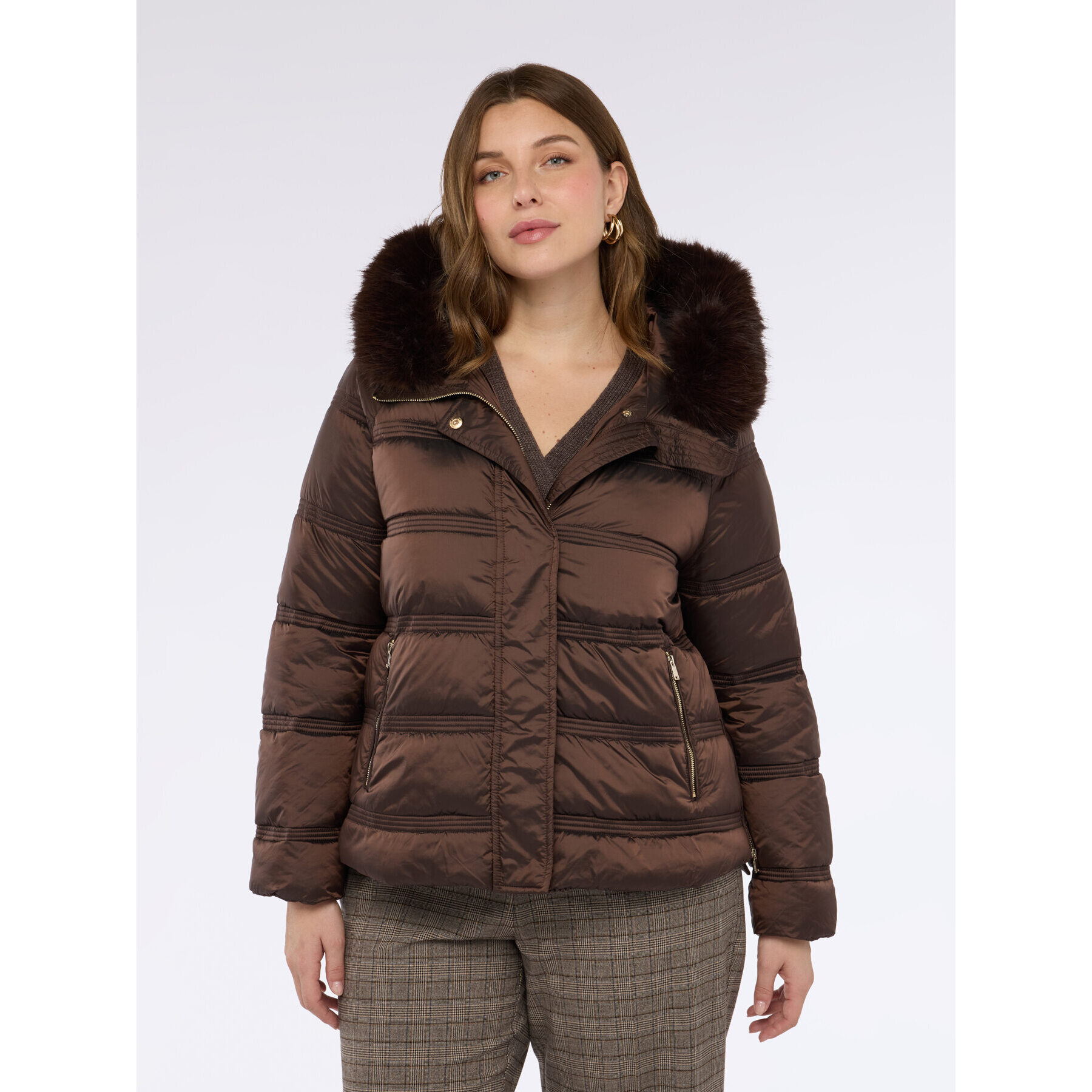 Fiorella Rubino - Plumífero con capucha de peluche - Marrón