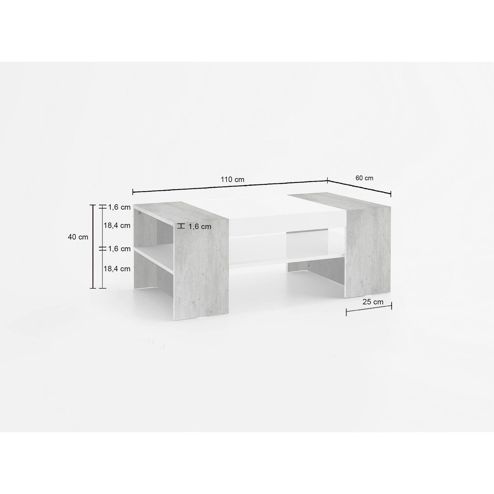 Tavolino da Caffè, Made in Italy, Tavolo da salotto, cm 110x60h40, colore Bianco lucido e Cemento