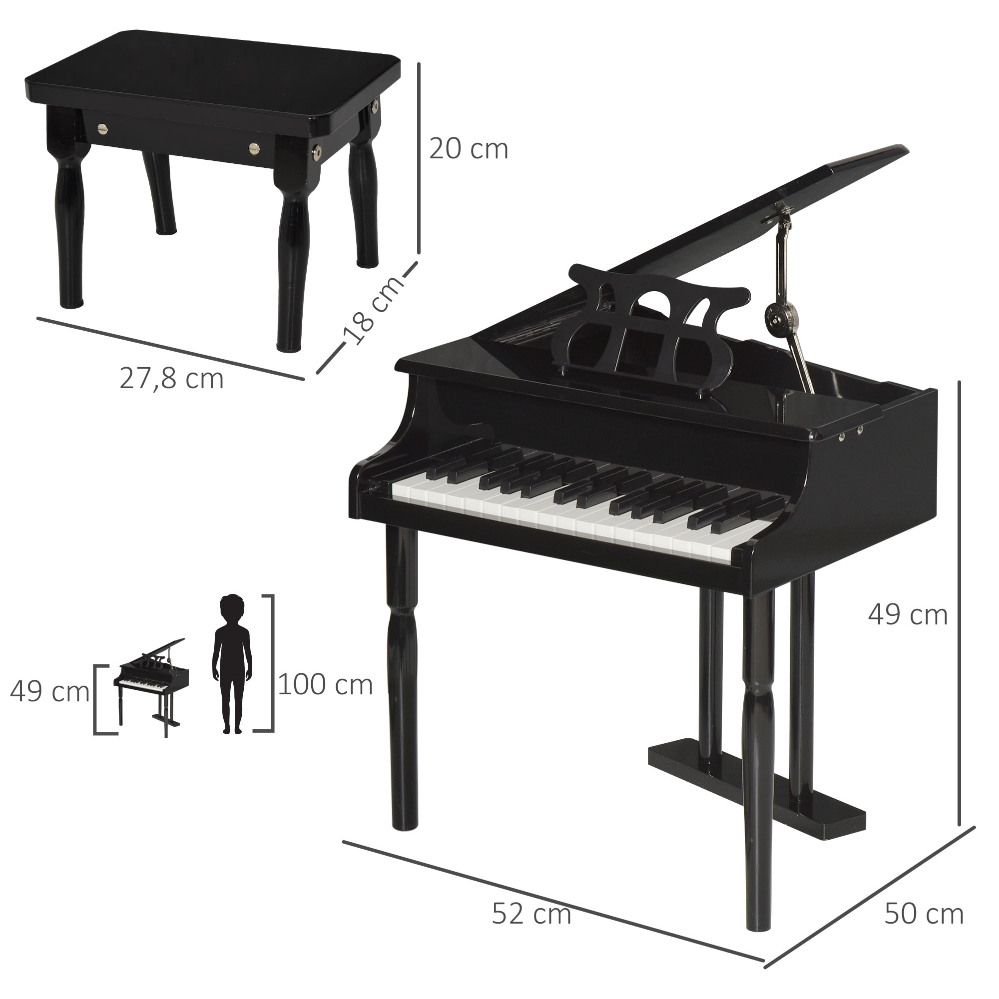 Piano de Cola Electrónico 30 Teclas con Atril Negro