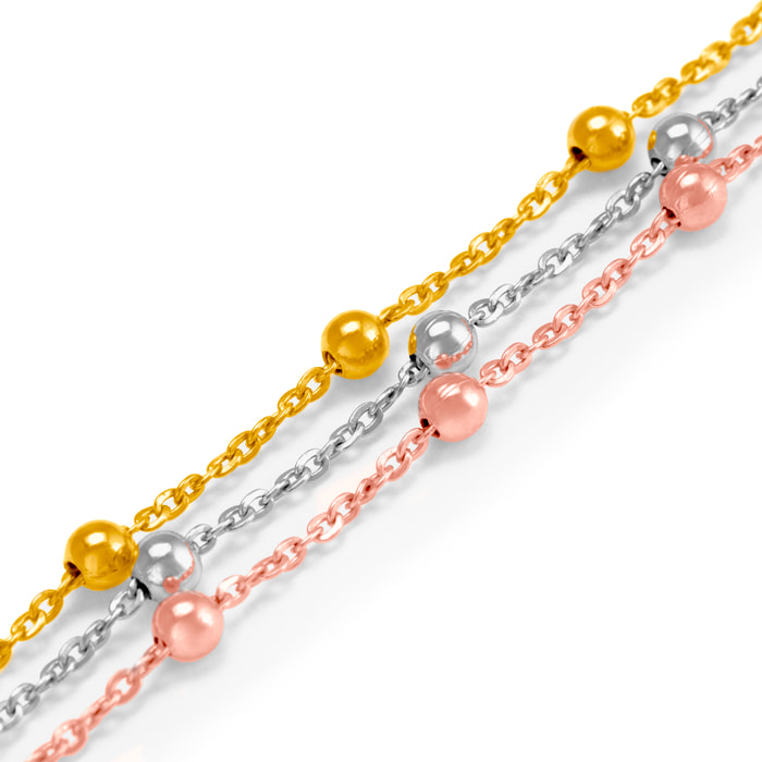 Pulsera Plata de ley 925 cadena triple con tallada con esferas y eslabones planos