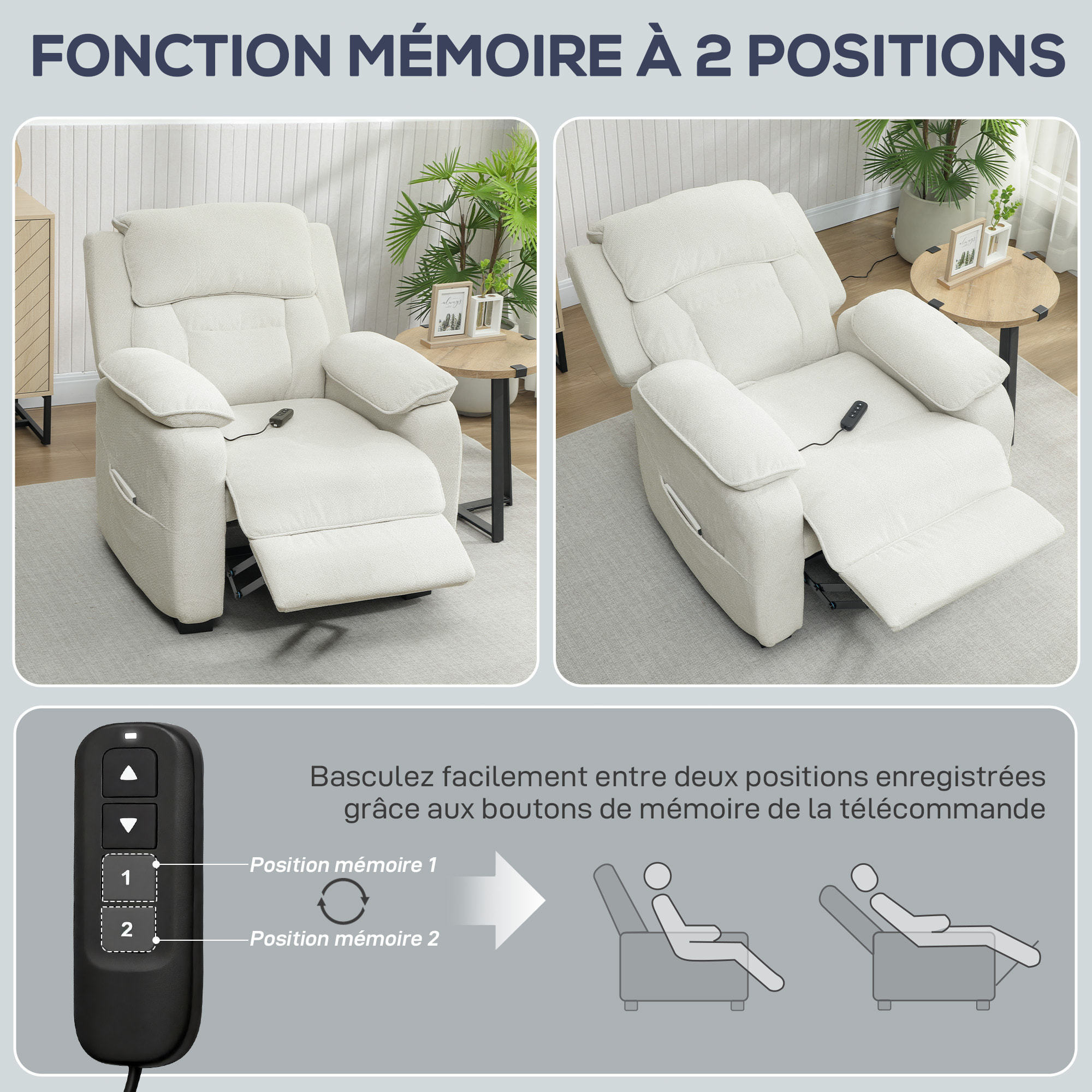 Fauteuil relax électrique inclinable repose-pieds port USB intégré velours blanc cassé
