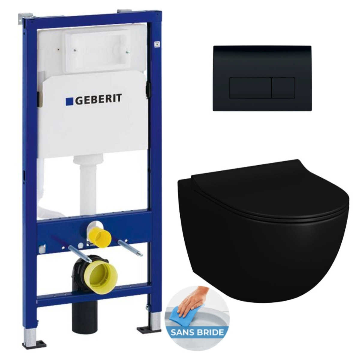 Pack WC sans bride Infinitio Noir mat + Abattant softclose + Bâti support Geberit UP100 + Plaque Noir brillante