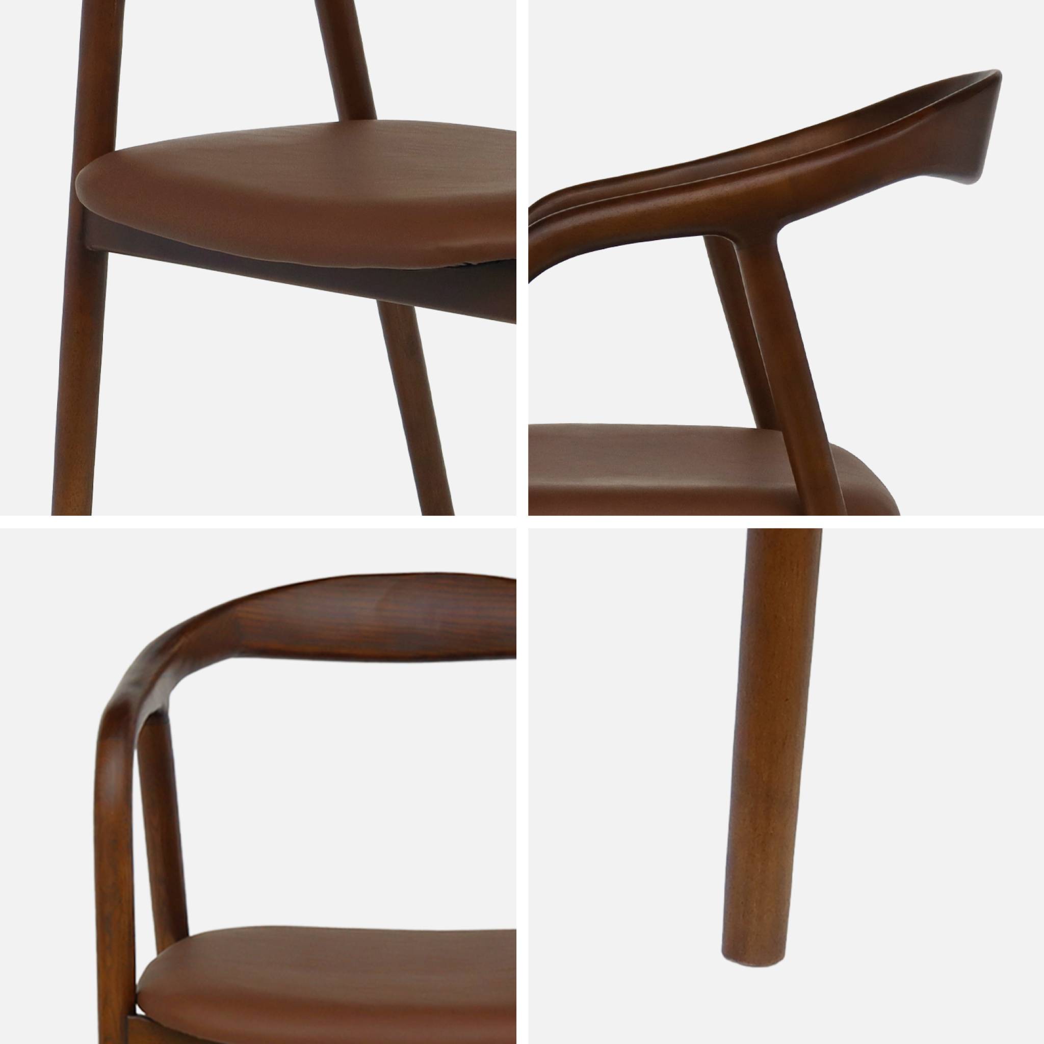 Lot de 2 fauteuils structure bois d'hévéa. assise simili cuir. teinte noyer vintage. L 55 x P 57 x H 79cm.