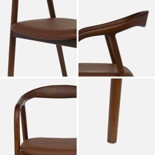 Lot de 2 fauteuils structure bois d'hévéa. assise simili cuir. teinte noyer vintage. L 55 x P 57 x H 79cm.