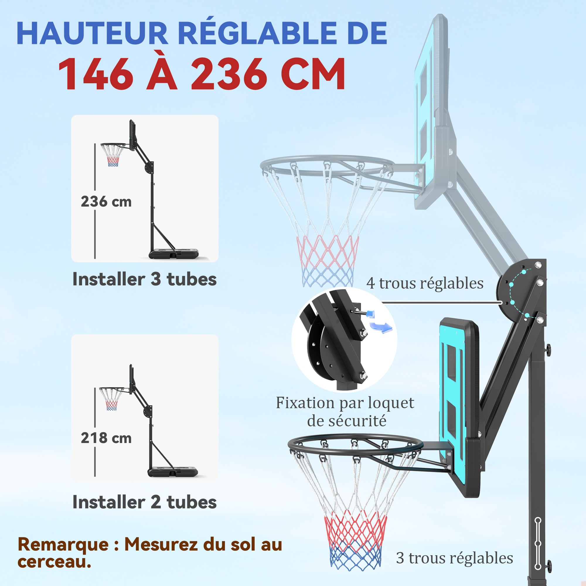 Panier de basketball sur pied hauteur réglable H.146-236 cm lestage roulettes bleu noir