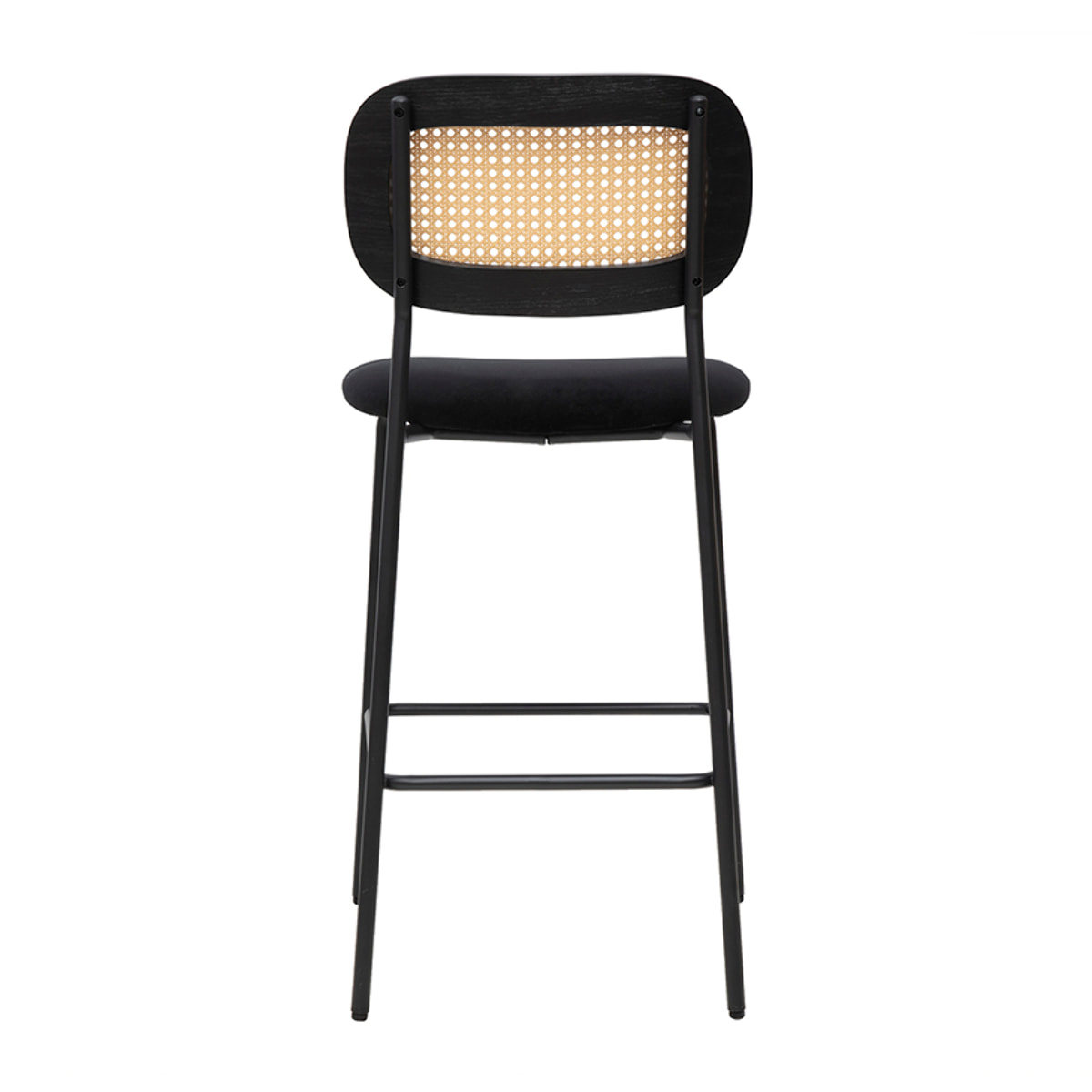 Tabourets design en velours noir, métal noir et cannage rotin (lot de 2) MIRANDA