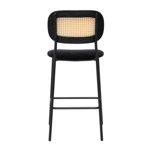 Tabourets design en velours noir, métal noir et cannage rotin (lot de 2) MIRANDA