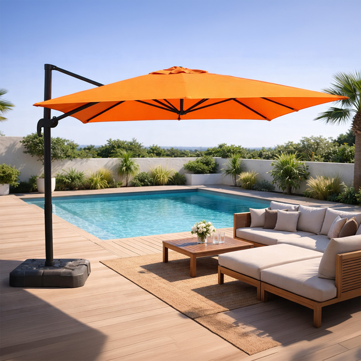 Parasol carré 3x3 déporté rotatif orange en aluminium RAFAELA