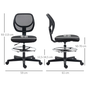 Chaise de bureau assise haute réglable dim. 59L x 61l x 93-113H cm pivotant 360° tissu maille respirante noir