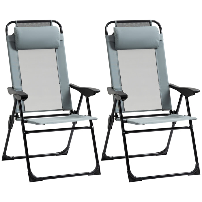 Lot de 2 chaises de jardin camping pliables - dossier inclinable 5 positions - tétière incluse - acier époxy oxford textilène gris