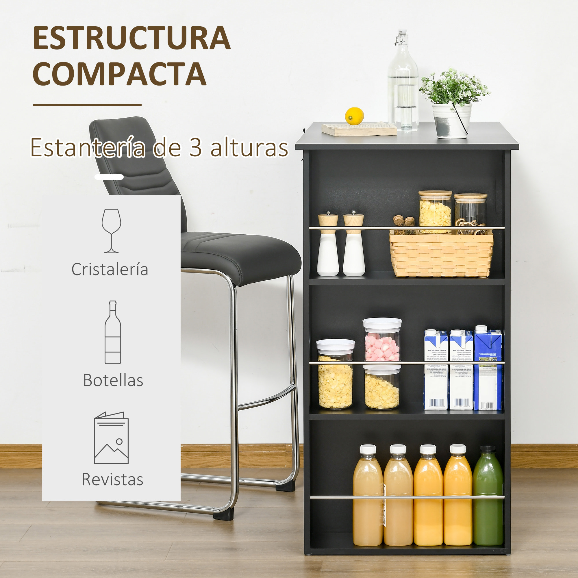 Mesa de Bar de Bistro Mesa de Comedor con 3 Estantes para Bebidas y Barra Estructura de Madera Mesa Alta para Cocina Sala de Estar 112x57x106 cm Negro