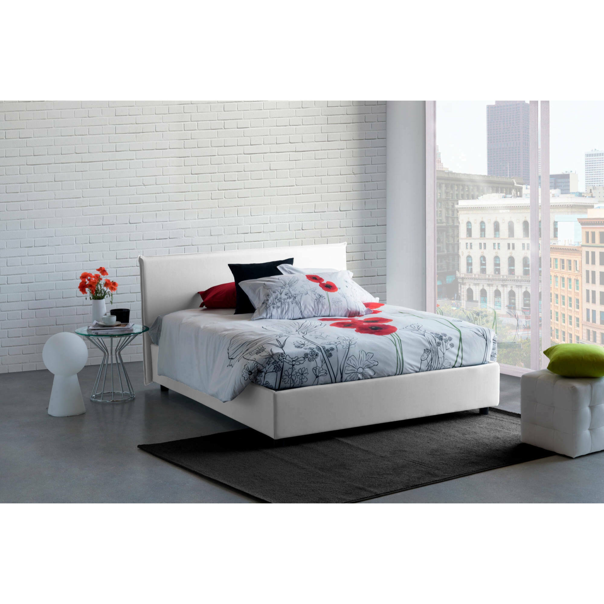 Letto matrimoniale Ariadni, Letto contenitore con rivestimento in tessuto, 100% Made in Italy, Apertura frontale, con materasso Cm 160x200 incluso, Bianco