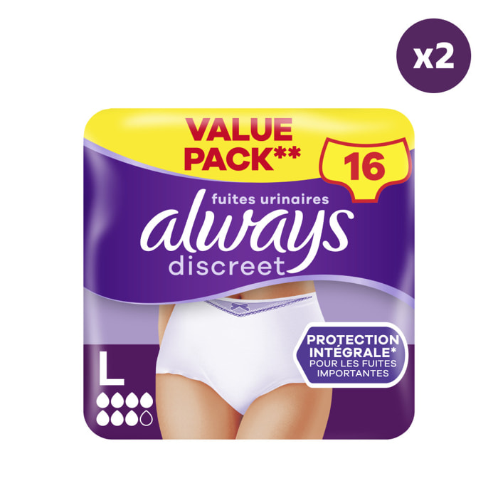 2x16 Culottes pour Fuites Urinaires Always Discreet - Taille L - Plus