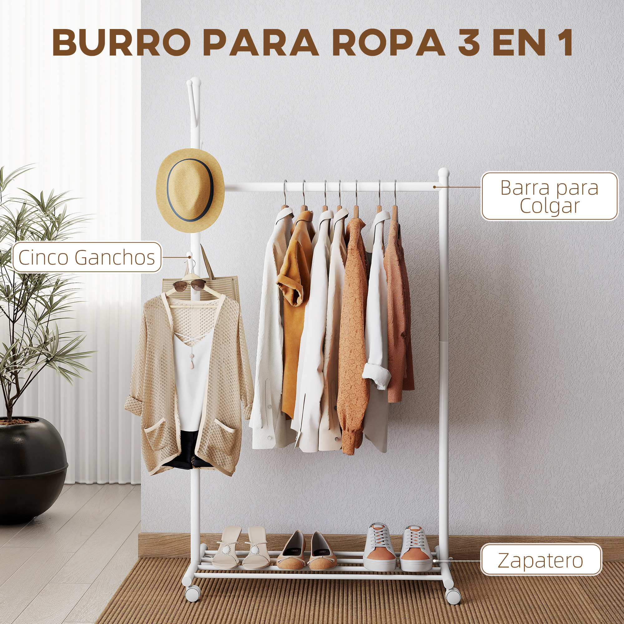 Burro Ropa con Ruedas, Perchero Burro Ropa con 5 Ganchos Barra para Colgar y Balda Inferior Perchero para Recibidor, Entrada, Dormitorio, 86x43x171 cm, Blanco