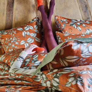 Taie d'oreiller satin de coton imprimé orange Fleurs d'oranger rouille