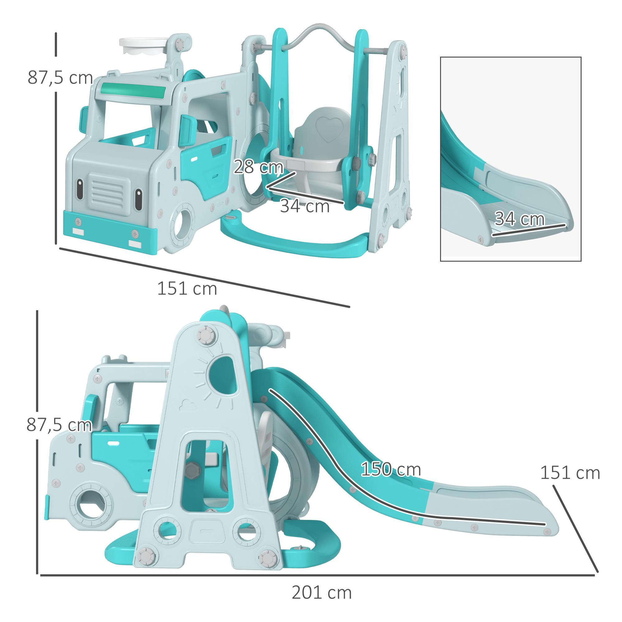 Juego de Tobogán y Columpio para Niños 6 en 1 Columpio Infantil de 18-48 Meses Tobogán para Bebés con Trompeta Silla y Baloncesto Carga 50 kg 201x151x87,5 cm Azul Claro